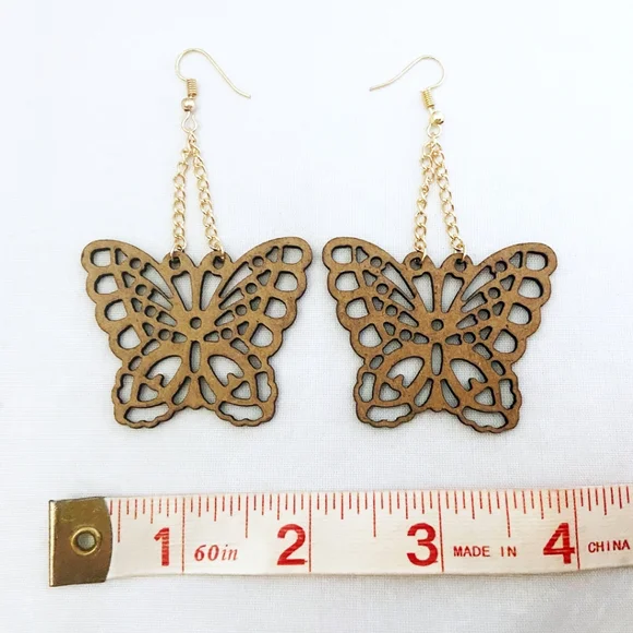 Earrings Butterfly Wood Boho Filigree Brown Gold Tone Spring Summer Gorpcore - Picture 3 of 4